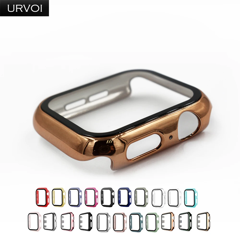 Urvoi capa completa para apple assistir série 6 se 5 4 3 2 caso de plástico fosco pára-choques com vidro temperado para iwatch pine green band