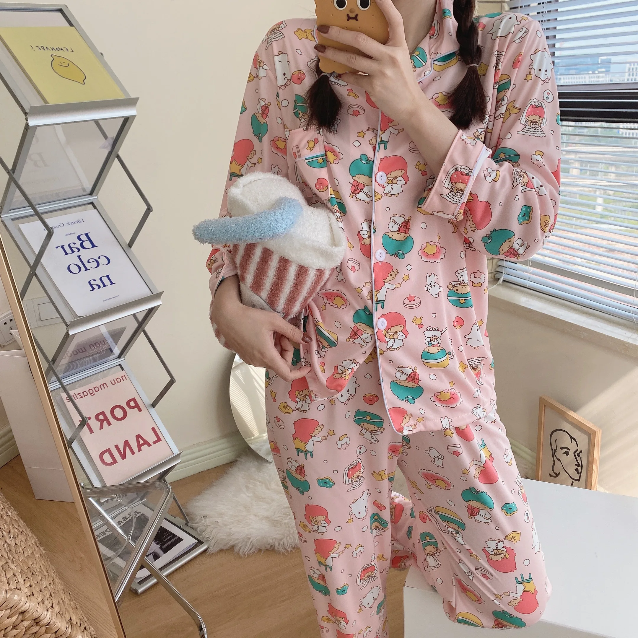 CAIYIER Winter Women Pajamas Suit Long Sleeve Trousers Lounge Lovely  Girls Cartoon Rabbit Loose Cardigan Sleepwear Homewear 2XL