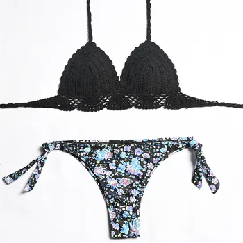 

Free Ostrich Sexy Lingerie Women Underwear Two Pieces Flower Knit Bra Push Up Bandage Panties Bra And Panty Set Biquinis 2020