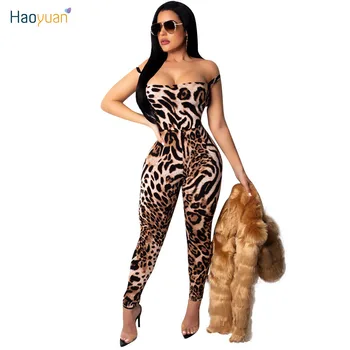 

ZOOEFFBB Leopard Print Sexy Bodycon Jumpsuit Off Shoulder Strapless Club Overalls Street Backless Leopard Romper Womens Jumpsuit