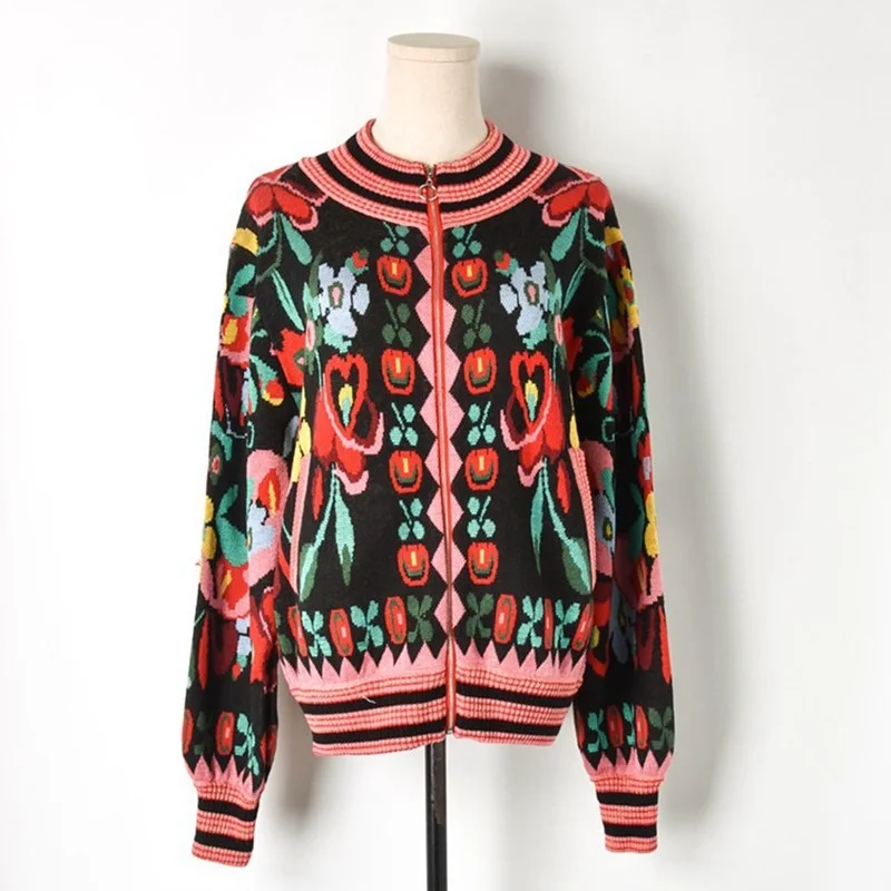 

2019 Vintage Floral Print Women Sweaters and Cardigans Runway Zipper Long Sleeve Female Knitted Sweater Jumper Winter Clothes