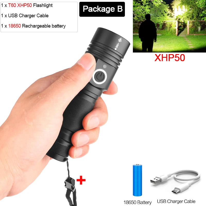 Package B 7000лм мощный светодиодный фонарь XHP70.2 перезаряжаемый фонарь XHP50 USB Zoom фонарь XHP70 охотничий фонарь для рыбалки 26650 18650 - Испускаемый цвет: Package B