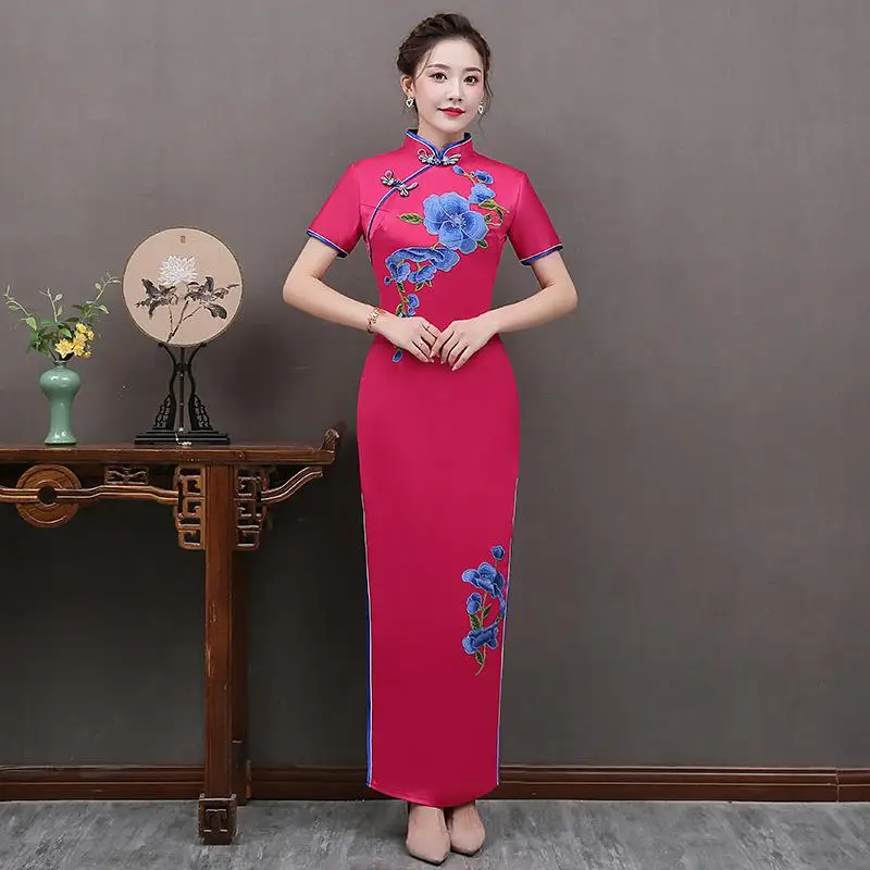 Зеленый пикантные Женские Длинные Cheongsam в традиционном китайском стиле короткий рукав платье Qipao тонкий Платья для вечеринок Кнопка Vestido S-5XL - Цвет: Hot Pink