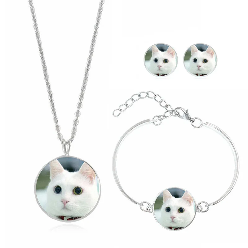 

Hot Sales Cute Kitten Time Stone Necklace Set Ear Stud Bracelets Ornament Set