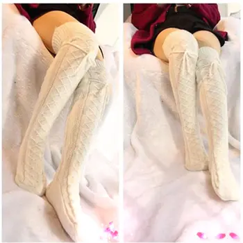 

Meihuida Women Winter Soft Knitted Elastic Wool Warm Knit Bandage Over Knee Long High Stockings Student Stocking