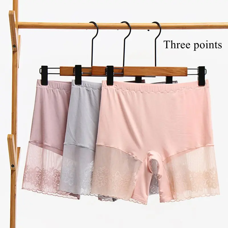 New women Large size sexy lace antiwiping safety pants Female high waist tummy modal transparent mesh shorts 145kg