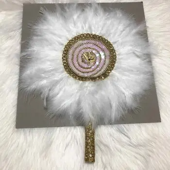 

African New arrival white Feather fan with sequins stones nigerian wedding feather fan for party wedding