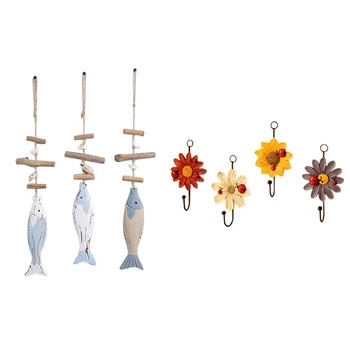 

3Pcs Mediterranean Decorative Wooden Fish Hangings & 4Pcs Creative Resin Ladybug Flower Hook for Wall Door Mount