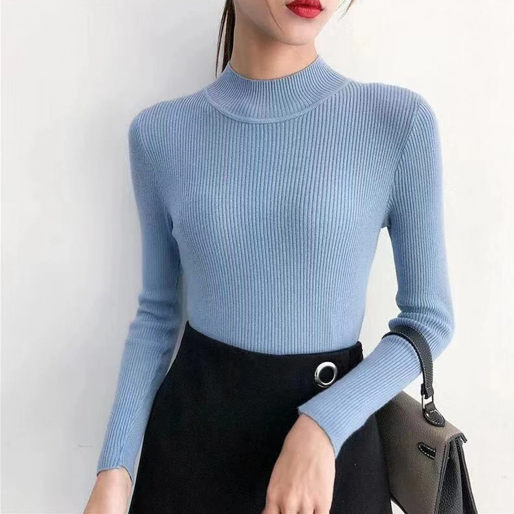 Fashion Blouse Women Top Korean Harajuku Long-sleeved Knitting Shirt  Solid Color Slim Semi-High Collar Elegant Shirts 826