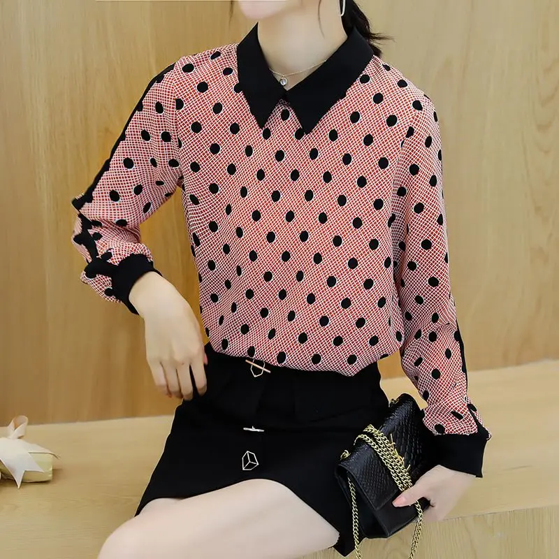 

COIGARSAM Office Lady blouse women New Spring Patchwork Full Sleeve Chiffon Loose blusas womens tops and blouses Khaki Red 2298