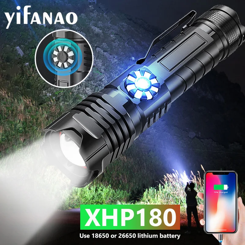 Powerful Stepless Dimming LED Flashlight XHP180 5000mAH USB Rechargeable Work Light 5Modes Zoom Torch Tactial 18650 | Лампы и