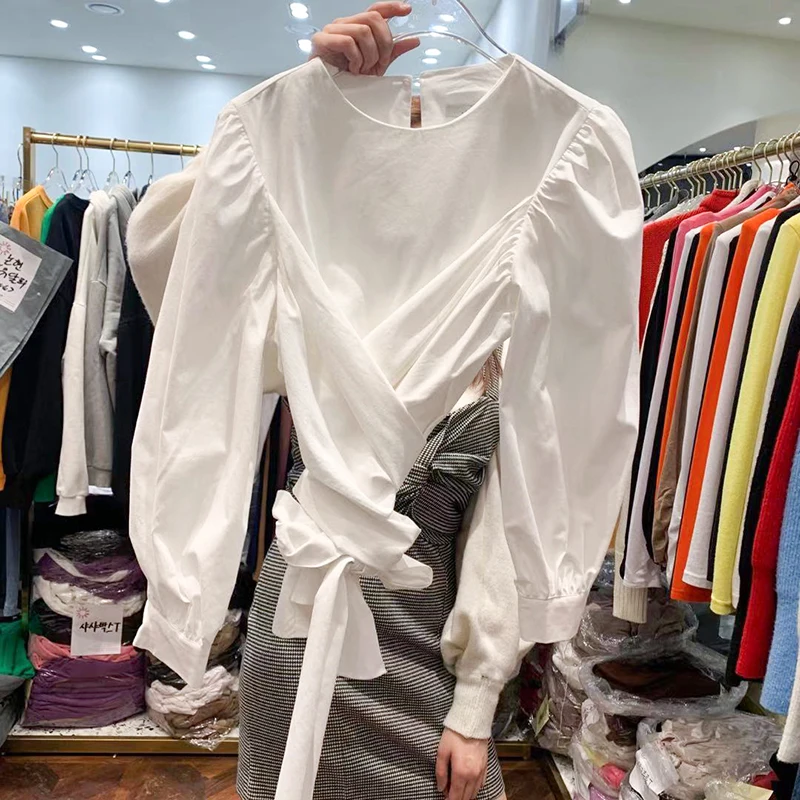 Spring Shirt Woman New Temperament High Waist Puff Sleeve Lace-up Shirt Women's Tops and Blouses Ladies All-match Blouse Top - 4.00068E+12