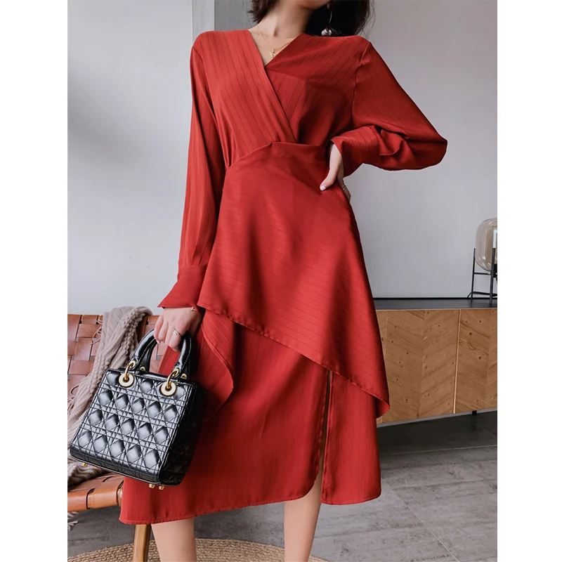 

Autumn 2019 Women Wrap Dress Casual Irregular Splicing OL Patchwork Long Sleeve V Neck Elegant Party Red Dresses Vestidos