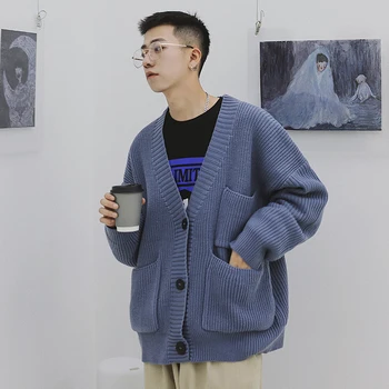 

Chic Boys Sweatercoat Loose Oversize Sweaters Knitted Top Thick Autumn Men's Clothing Single Breasted Loose D64