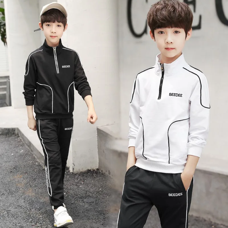 Комплект одежды из 2 предметов для мальчиков, модная куртка с декоративной линией, пальто и брюки для детей, черно-белые комплекты одежды для мальчиков-подростков 4-14 лет