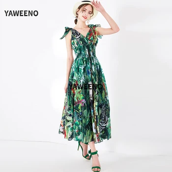 

2020 Summer New Runway Fashion Sweet Print Elastic Waist V-Neck Slim Sexy Elegant Big Swing Holiday Vacation Female Dress
