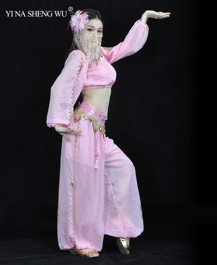 Женский сексуальный Болливуд набор костюма для танца живота индийское сари танец живота брюки костюм шифон вуаль танец живота представление Блум костюм