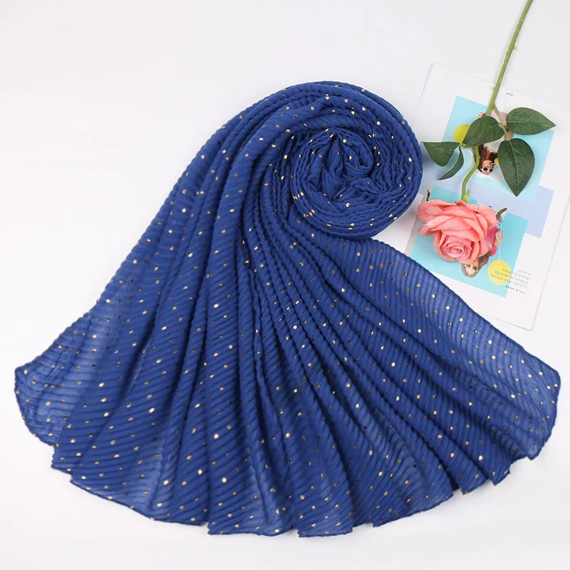 Зимние красивые мусульманские хиджабы в складочку платок Обертывания получили блеск точка тюрбан плиссированные хлопковые Для женщин длинный шарф 200x90 см - Цвет: loyal blue