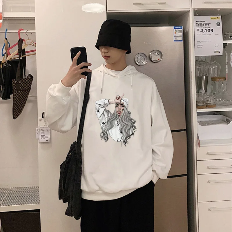 Harajuku личность Billie Eilish Забавный принт пара Повседневная круглый вырез Толстовка Мужская свободная толстовка хип хоп пальто уличная одежда