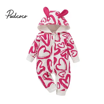 

pudcoco 2019 Winter Baby Rompers Girls Coat Love Heart Print Infant Clothing Romper Newborn Kids Clothes Down Jumpsuit Set