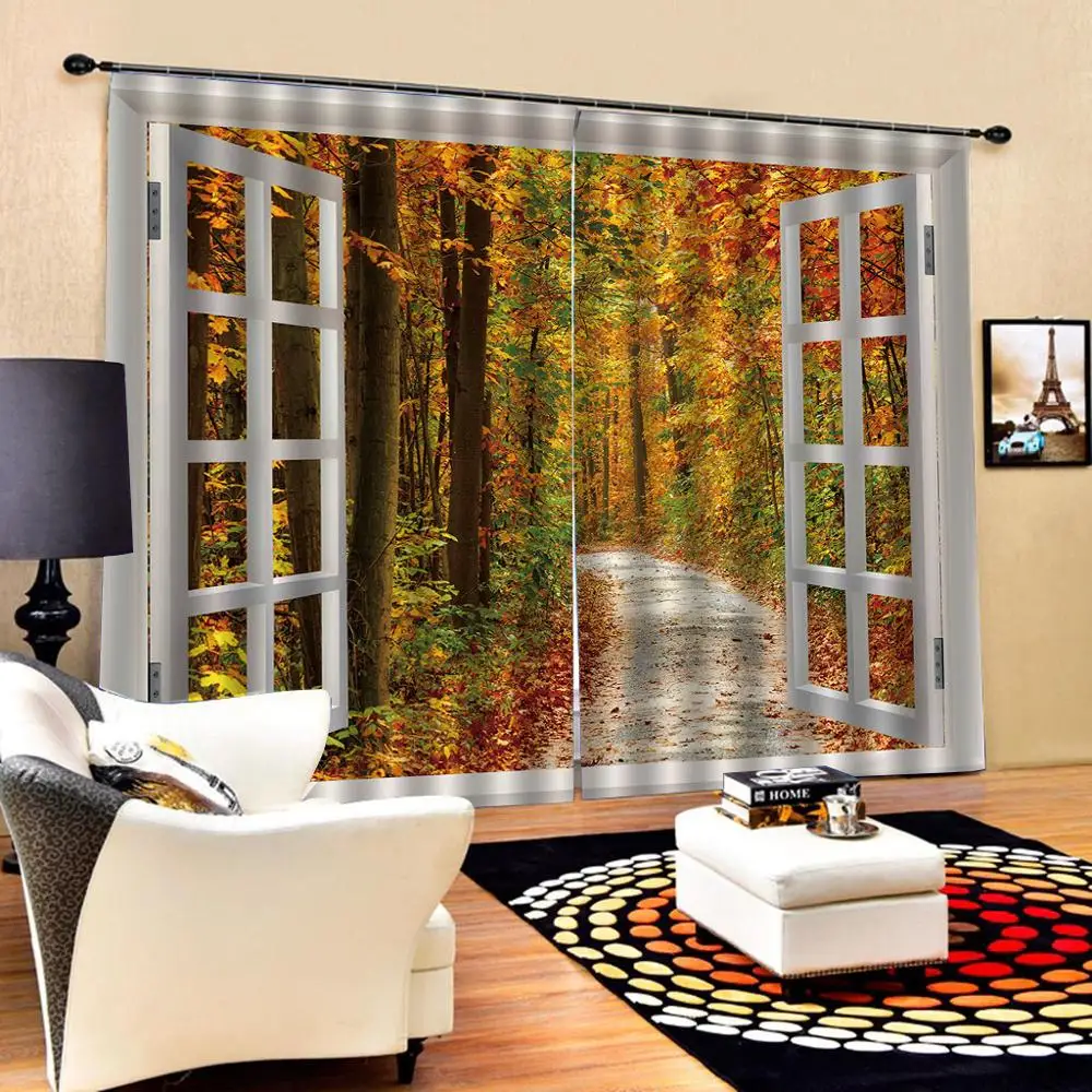 Custom Autumn Scenery Curtains Maple Tree Road Blackout Window Curtain Polyester Fabric Living room Bedroom Drapes Decor