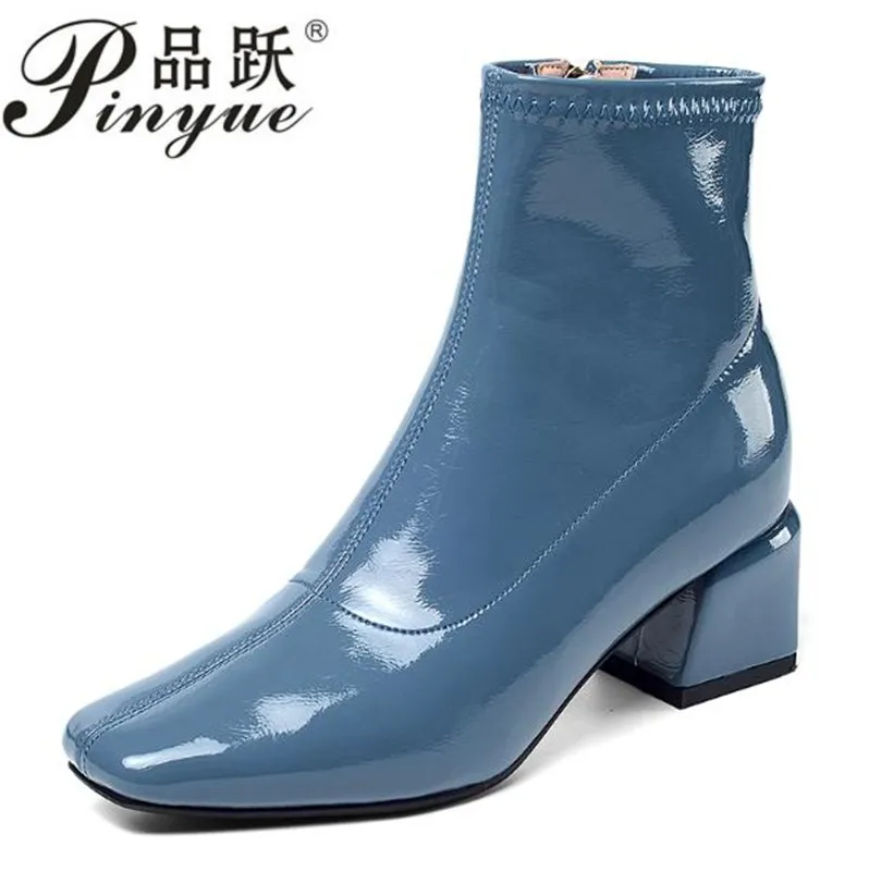 

2020 women ankle boots patent leather zippers blue color high heels boots autumn spring ankle boots party dress size 34--39