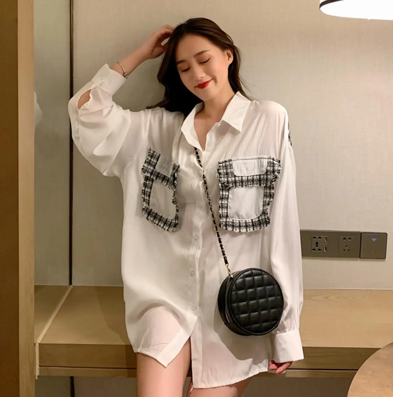 

Patchwork Color Block Stripe Long Sleeve Pocket Button Loose Denim Blouse Streetwear Fashion Casual Women Jeans Top Shirt Korean