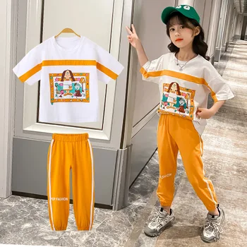 

Girls summer dress graffiti suit 2020 new children's wear fashion stitching two-piece tide