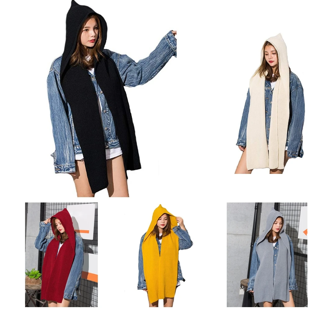 Hooded Winter Scarf for Men & Women- Chunky Knitted Scarves Hoodie Hat Warm Knitted Earflap Hats Snood Wraps Crochet Scarves