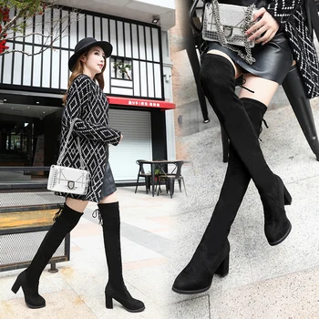 

Suede Boots Women's Knee High Heel Elastic Thin Thick With Long Boots High Boots Winter Women Warm Shoes Fashion Women Boots