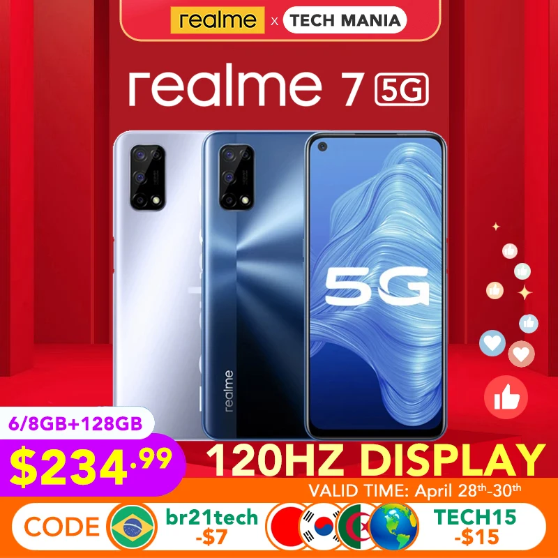 Realme-smartphone 7, versión Global, versión Global, 5G, 6GB/8GB, 128GB, 800U, pantalla de 120Hz, cámara de 48MP, batería de 5000mAh, carga de dardos de 30W