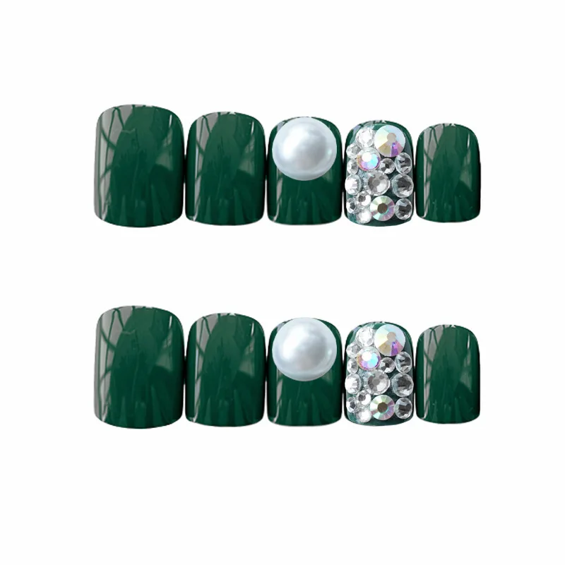 

24Pcs Shiny Deep Green False Nails Flat Artificial Fake Nails Big Pearl Rhinestones Press On Nail Manicure Tools Z230