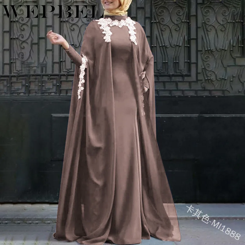 

WEPBEL New Long Sleeve Solid Floor Length Dresses Two-piece Set Robe Elegent Dubai Muslim Evening Large Size Floor-Length Dress