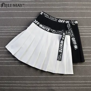 

JLI MAY High Waist Letter Skirts Spring Summer Solid Empire Sashes Pleated Short Skirt Preppy Style Casual Sports Clothes