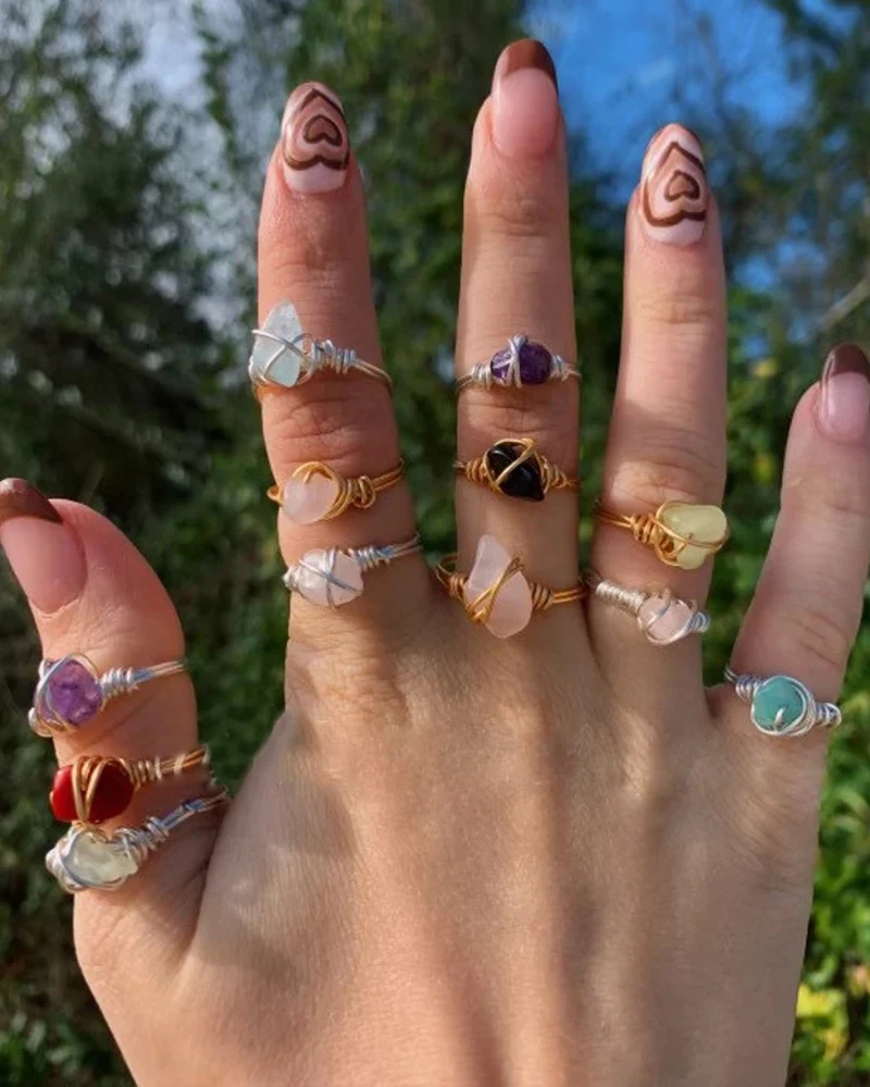 Natural Crystal Ring for Women Wire Wrapped Gemstone Real Stone Healing Rings Wedding Jewelry Open Adjustable Boho | Украшения и