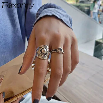 Foxanry 925 Sterling Silver Punk Hiphop Rings for Women Couples New Fashion Vintage Handmade Thai Silver Party Jewelry Gifts