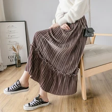 Винтажная бархатная юбка женская мода осень зима Корейская трапециевидная высокая талия миди Длинная женская плиссированная юбка