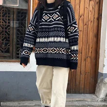 

Women Harajuku Korean Fashion Loose Knitwear Sweater Vintage Knitted All-match Pullover Casual Print Long Sleeve Jumper Female