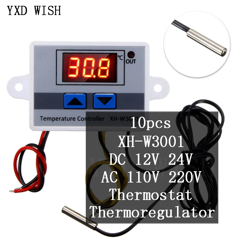 10pcs XH-W3001 Digital Temperature Controller 12V/ 24V/110V/220V W3001 Adjustable Cool Heat Thermostat Control Switch With Probe |