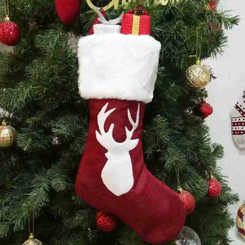 

New-Large Christmas Stocking Elk Pattern Sock Gift Holder Christmas Tree Decoration New Year Gift Bags Candy Bags