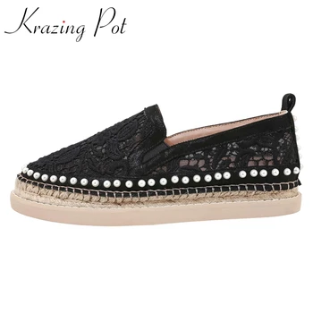 

Krazing pot new sheep leather air mesh summer breathable shoes women round toe med heel beauty lady daily wear fashion pumps L59