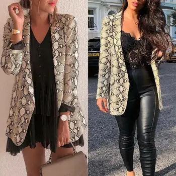 

Vintage Snake Print Blazer Pockets Notched Collar Long Sleeve Coat Outerwear Female Retro Loose Casaco Fashion Feminines Blazers