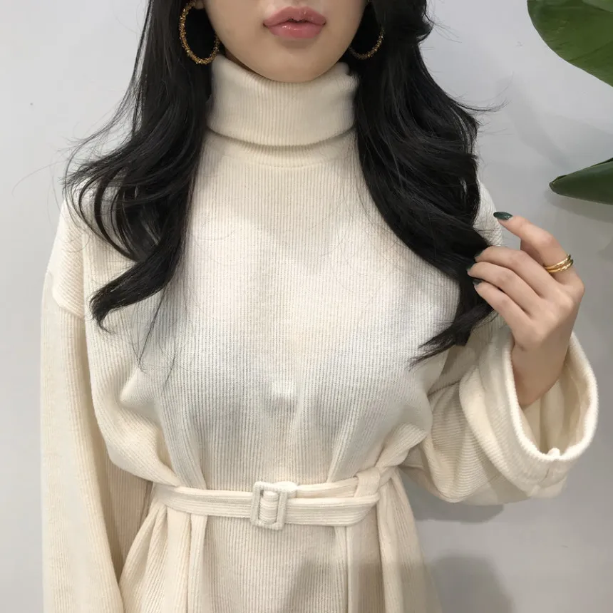Neploe Водолазка с длинным рукавом пуловер свитер платье однотонный корейский женский вязаный Vestido Осень Зима мини пояс Vestidos 55704