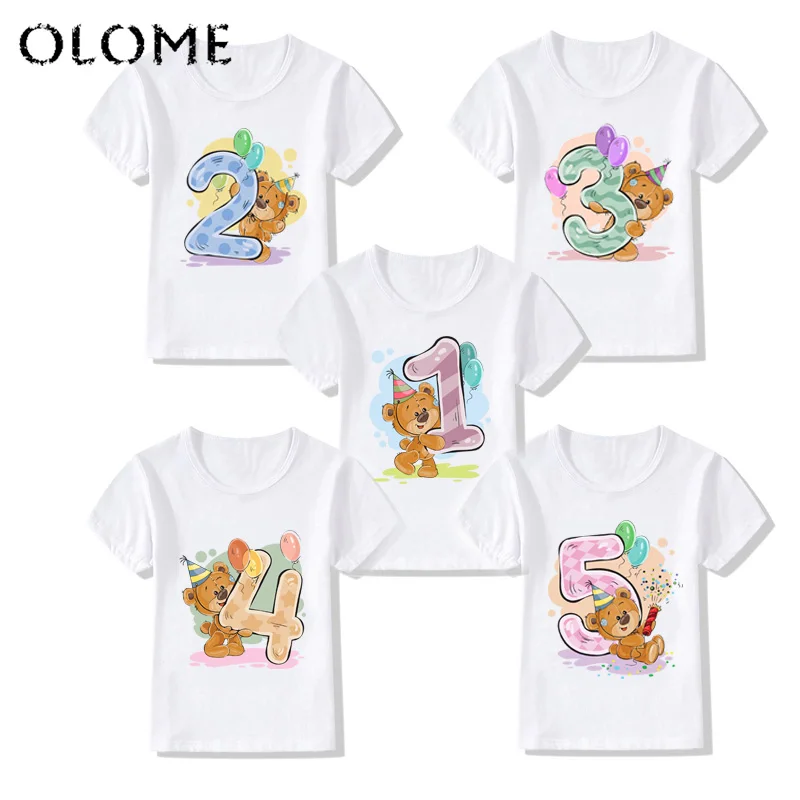 

Kid's Happy Birthday Cute Print Number 1~9th T-shirts Boy and Girl Teddy bear Tshirt Baby Letter Bow Number Top Children Clothes