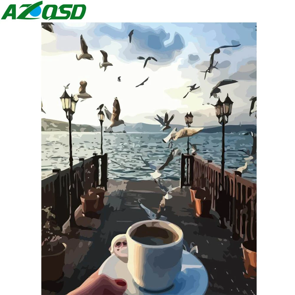 AZQSD DIY Unframe масляная краска ing по номерам кофейный набор кофейных чашек на холсте акриловая краска Раскраска по номерам пейзаж уникальный подарок