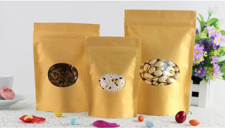 

13*18+4cm 500pcs Stand Up Clear Window Brown kraft paper bags with Zipper lock for Food/Tea/Nut/Coffee Resealable Packaging Bag