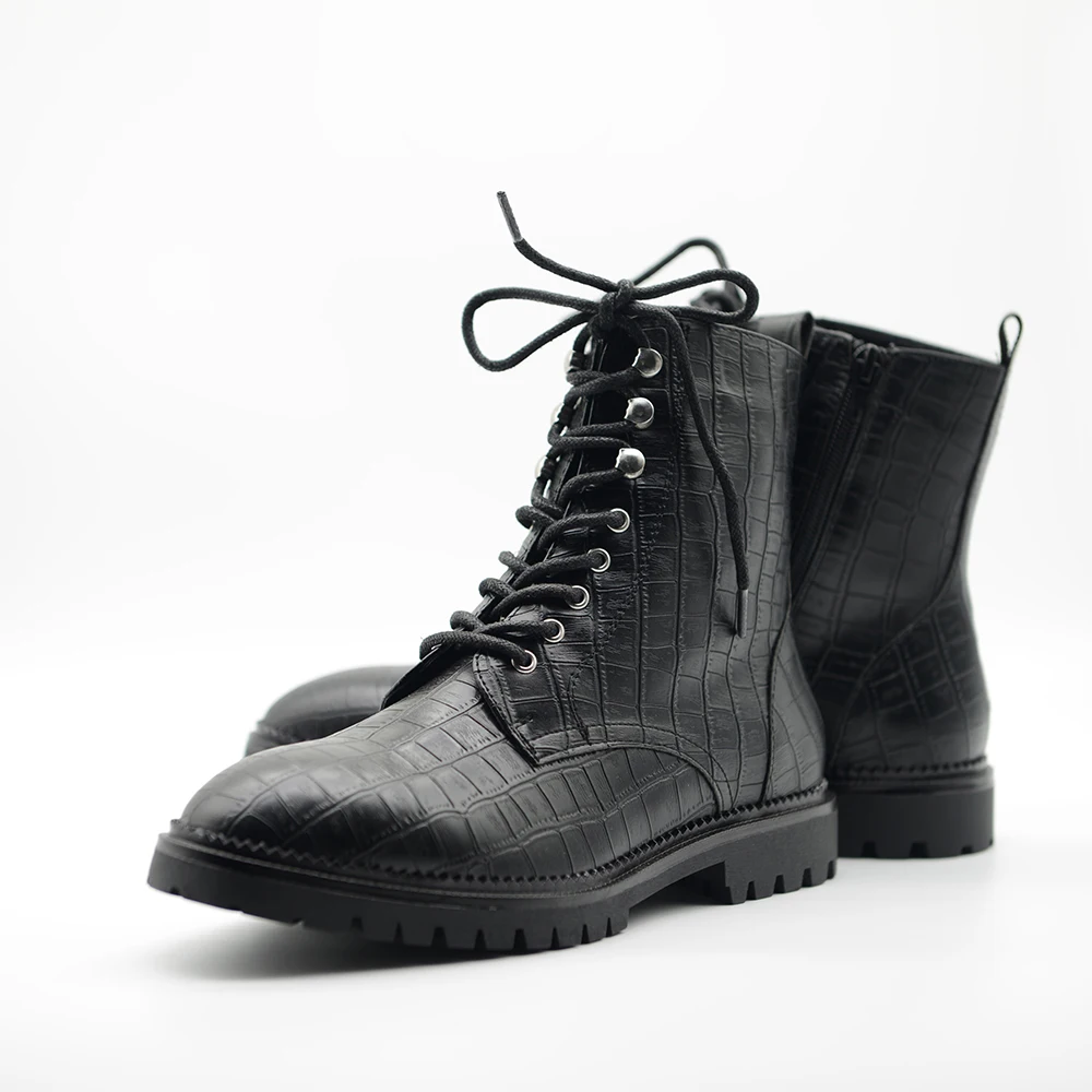 

Women Boots Metal Crocodile Pattern Flat-heel Autumn Shoes Ankle PU Leather Zipper Booties Black Winter Boots Pointed Toe