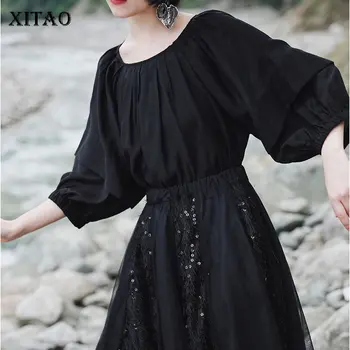 

XITAO Wrinkle Patchwork T shirt Women 2020 Summer Fashion New Style Temperament Goddess Fan O Neck Puff Sleeve T-shirt ZP1126