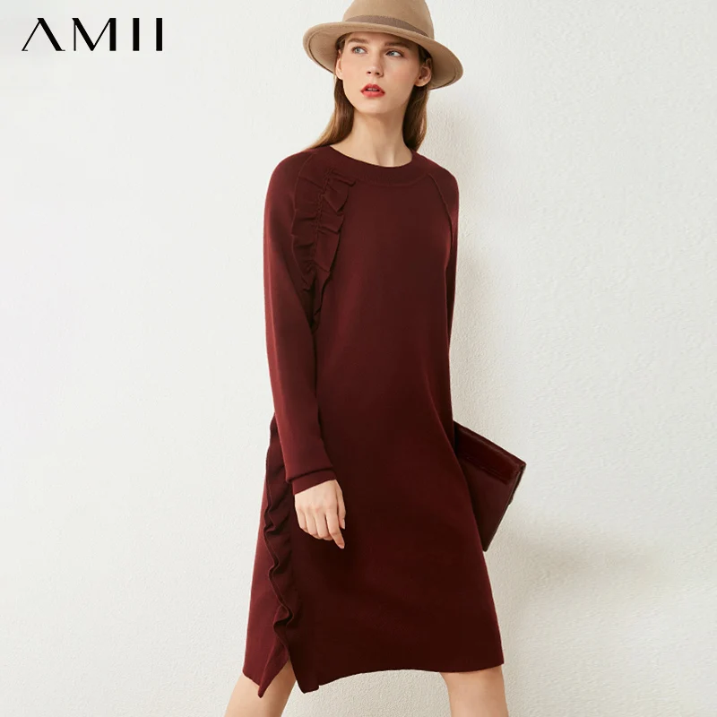 AMII Minimalism Autumn Sweater Dress Fashion Solid Oneck Ruffle Knitted Women's Dress Causal Dresses For Women 12040517 AMII Minimalism Autumn Sweater Dress Fashion Solid Oneck Ruffle Knitted Women's Dress Causal Dresses For Women 12040517