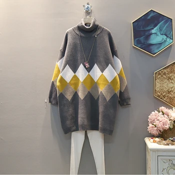 

[EWQ] 2020 New Pattern Autumn Winter Half Turtleneck Collar Plaid Knitting Pullovers Vintage Sweater Dress Women AK22901